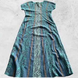 Peruvian Connection Dress Medium Pima Cotton Metallic Knit Maxi Teal Whimsigoth